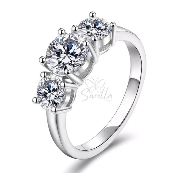 2ct Trilogy Ring 3 Stone Moissanite Band Solid Sterling Silver - Picture 1 of 5